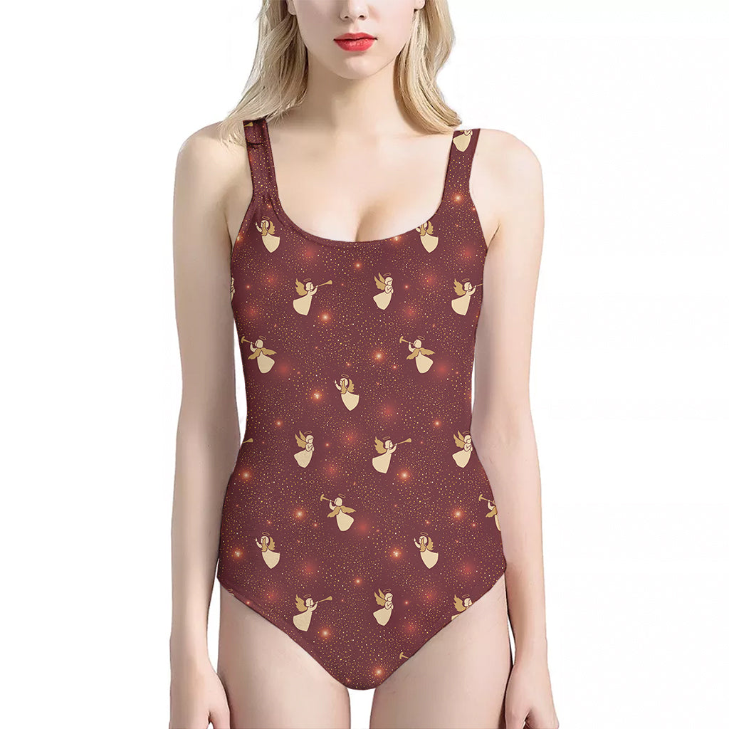 Christmas Angel Pattern Print One Piece Halter Neck Swimsuit