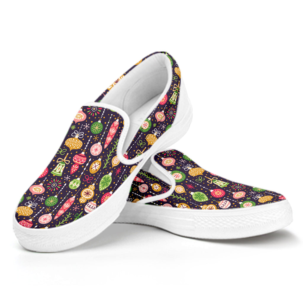 Christmas Baubles Pattern Print White Slip On Shoes