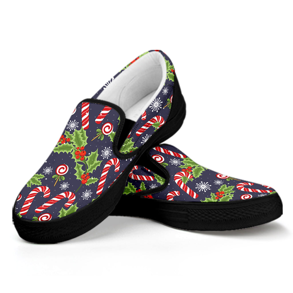 Christmas Berry And Candy Pattern Print Black Slip On Shoes