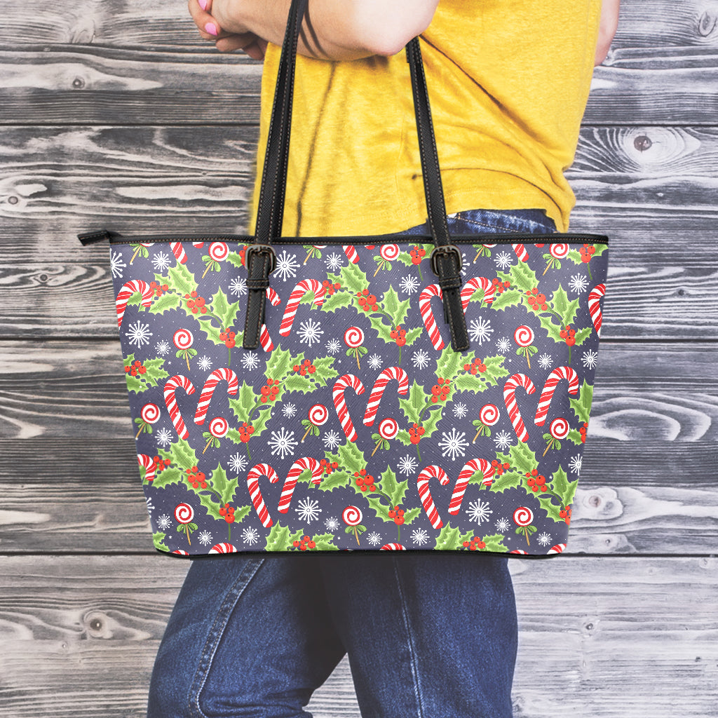 Christmas Berry And Candy Pattern Print Leather Tote Bag