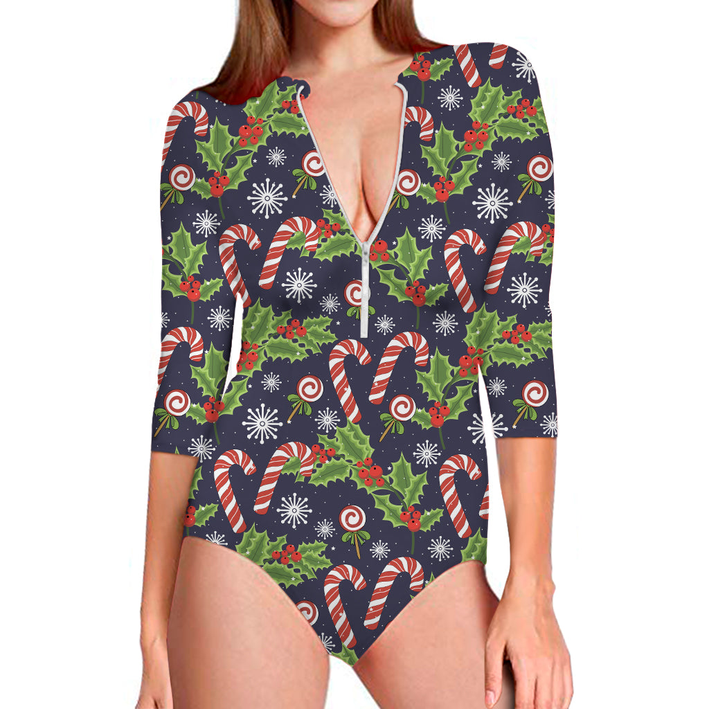 Christmas Berry And Candy Pattern Print Long Sleeve One Piece Swimsuit