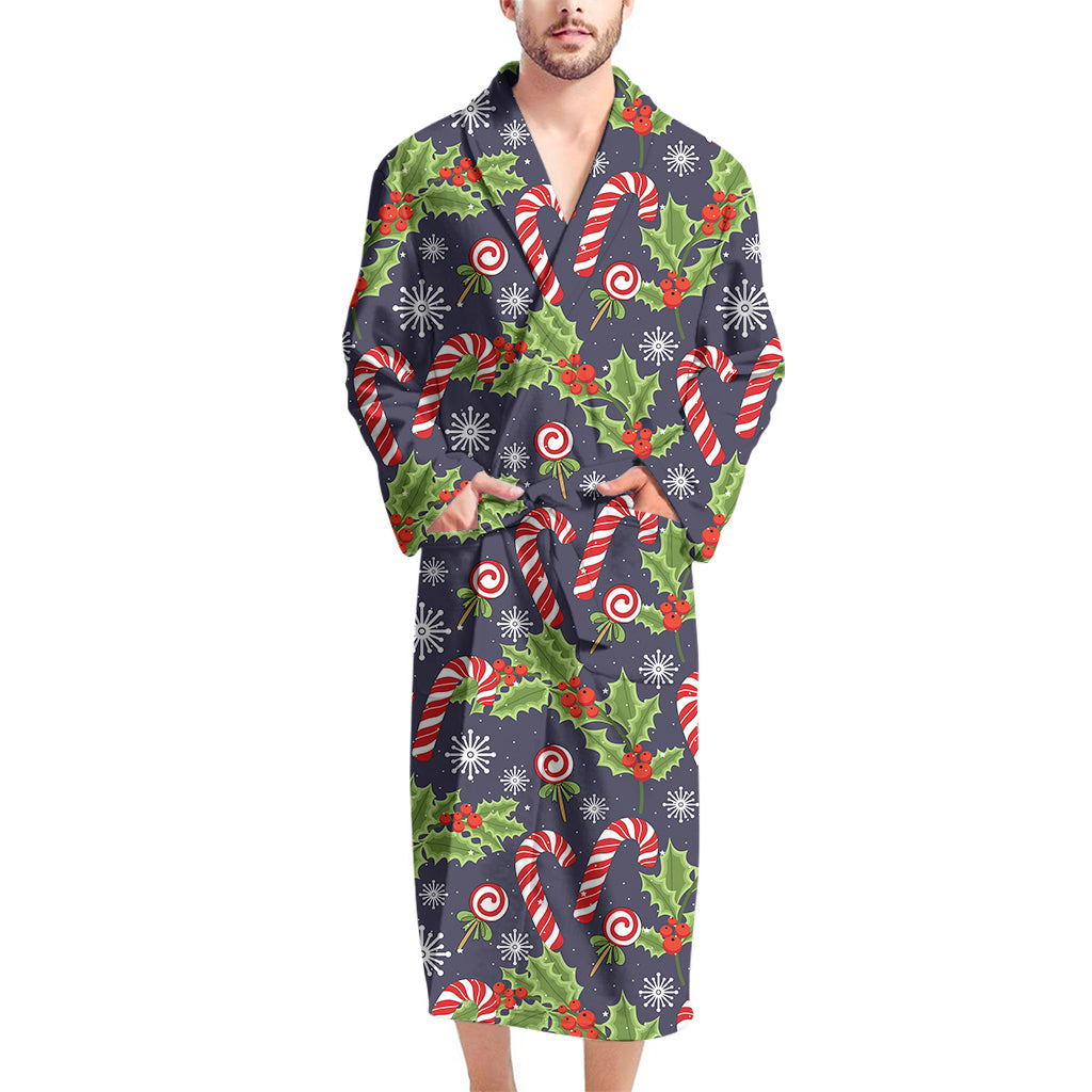 Christmas Berry And Candy Pattern Print Men's Bathrobe