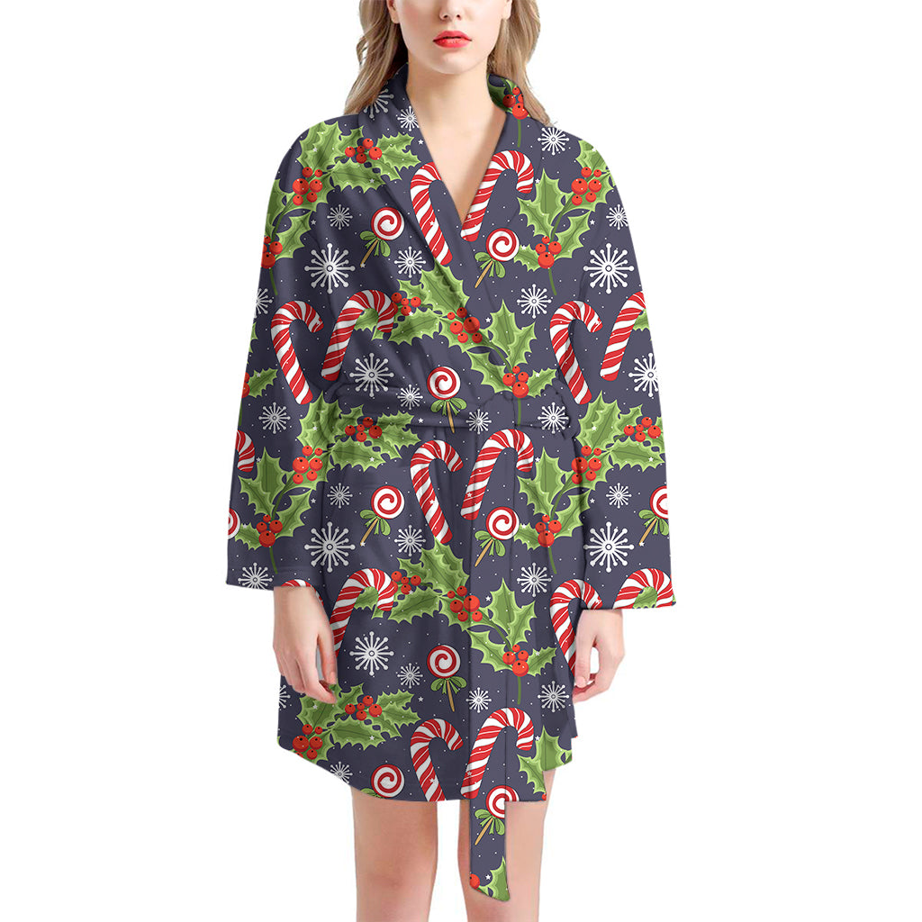 Christmas Berry And Candy Pattern Print Women's Bathrobe