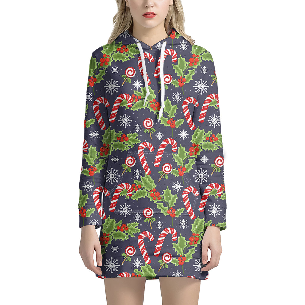 Christmas Berry And Candy Pattern Print Women's Pullover Hoodie Dress