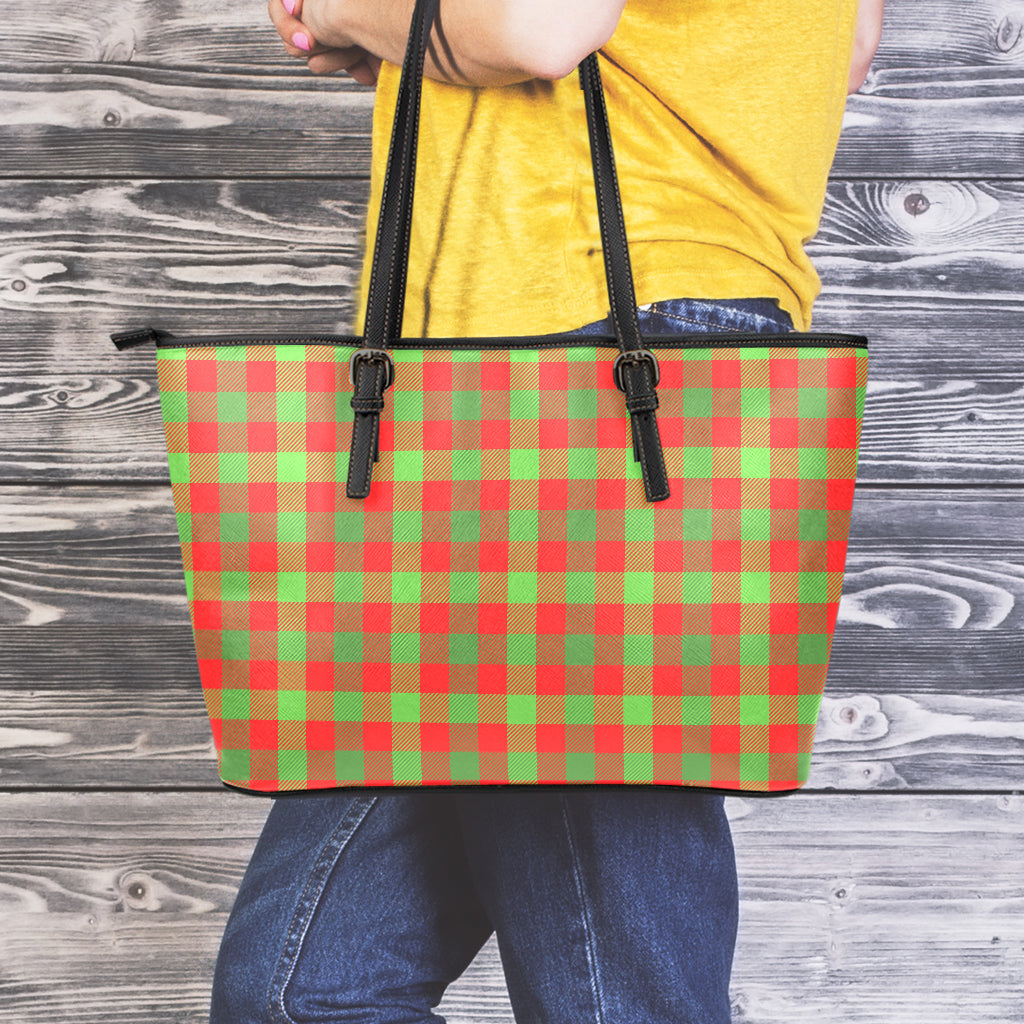 Christmas Buffalo Plaid Print Leather Tote Bag