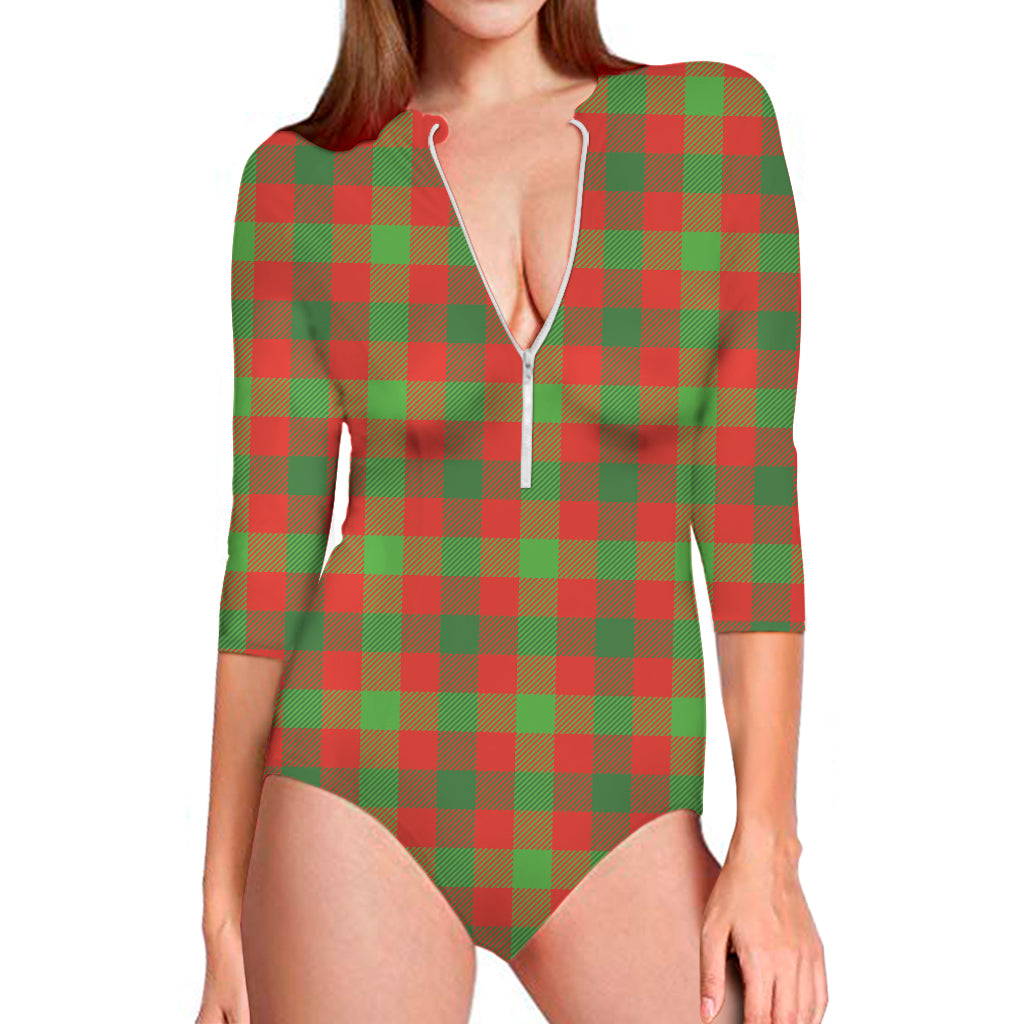 Christmas Buffalo Plaid Print Long Sleeve One Piece Swimsuit