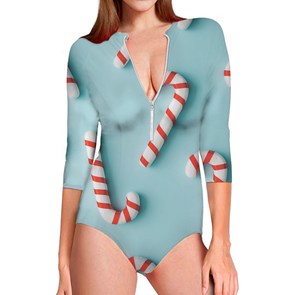 Christmas Candy Candies Pattern Print Long Sleeve One Piece Swimsuit