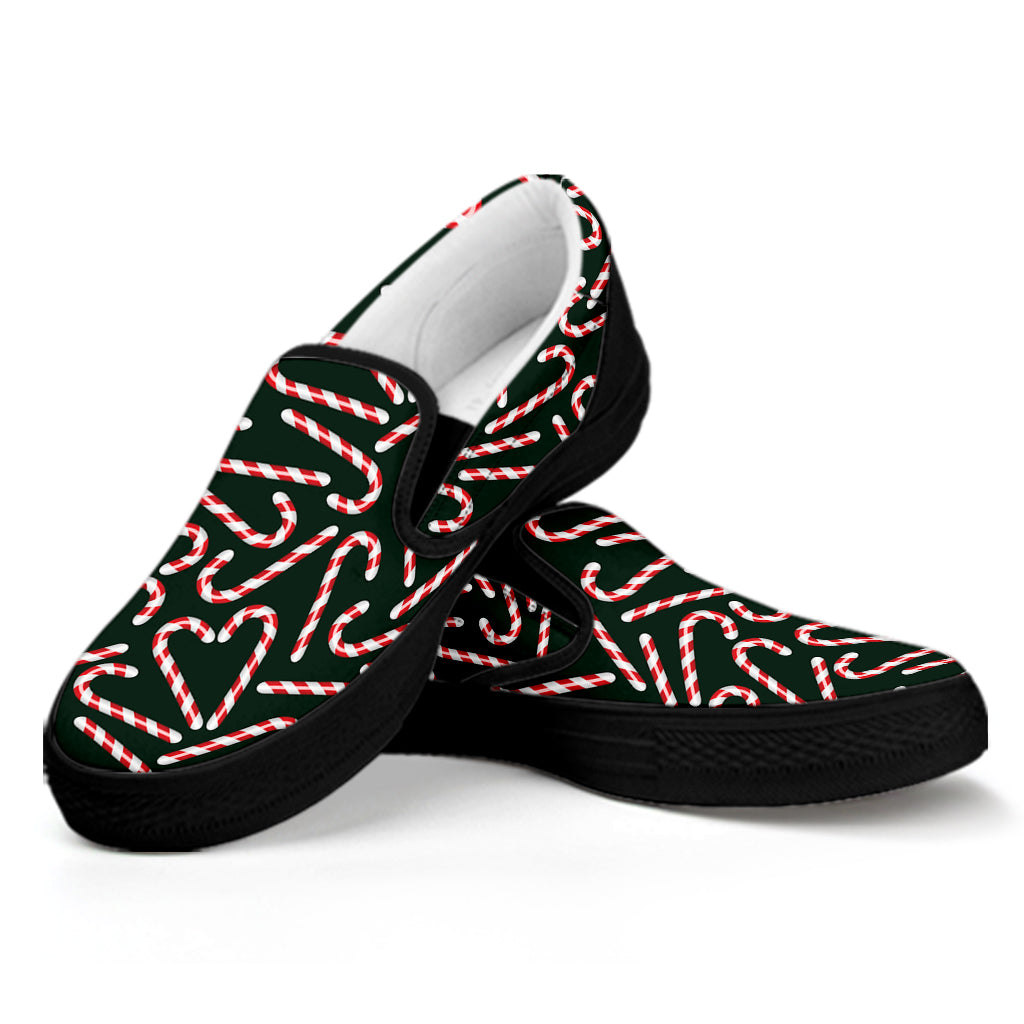 Christmas Candy Cane Pattern Print Black Slip On Shoes