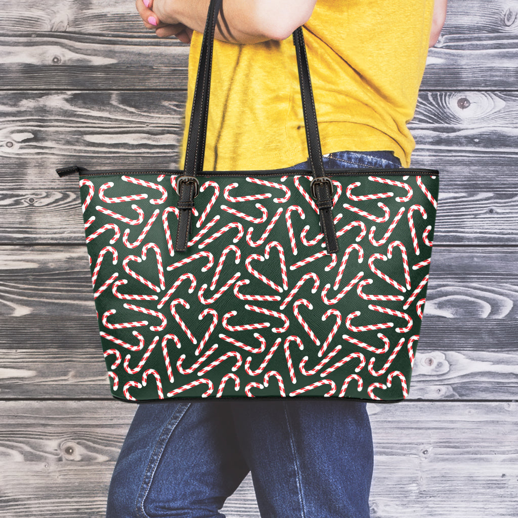 Christmas Candy Cane Pattern Print Leather Tote Bag