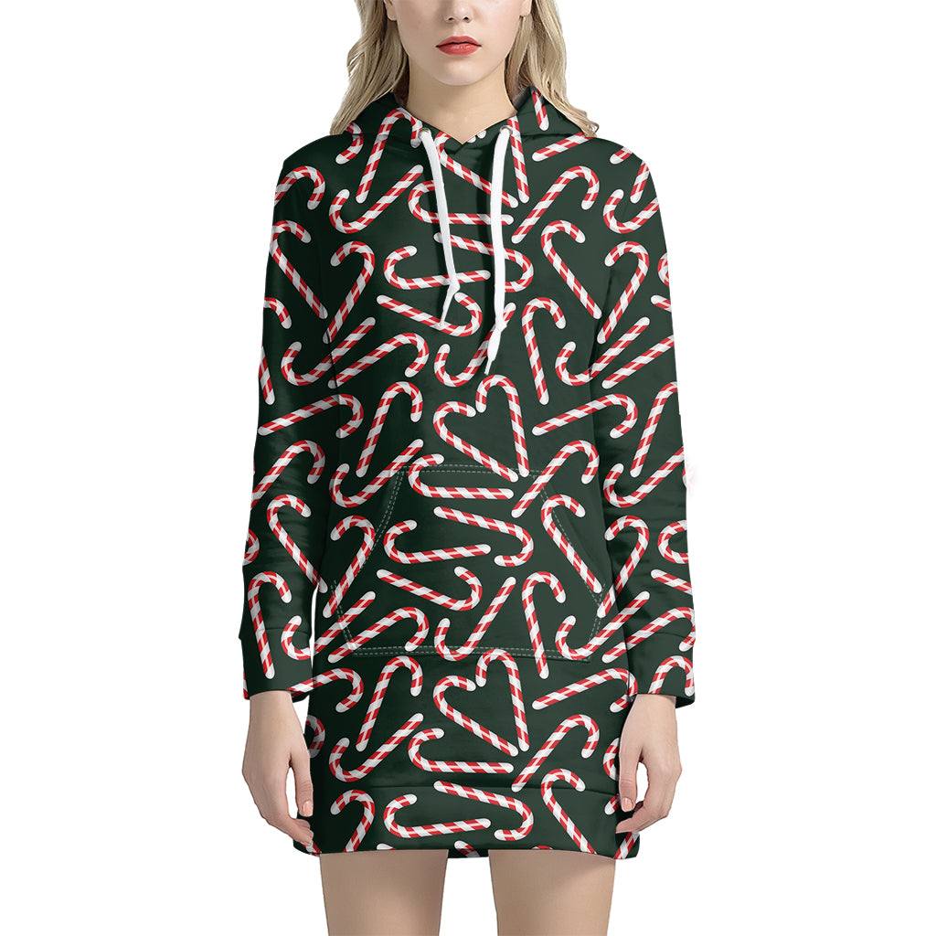 Christmas Candy Cane Pattern Print Women's Pullover Hoodie Dress