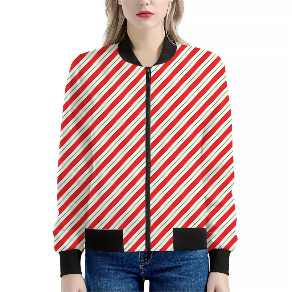 Christmas Candy Cane Stripe Print Women's Bomber Jacket