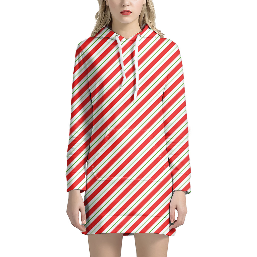 Christmas Candy Cane Stripe Print Women's Pullover Hoodie Dress