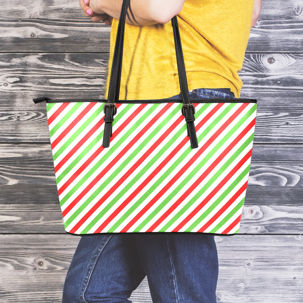 Christmas Candy Cane Striped Print Leather Tote Bag