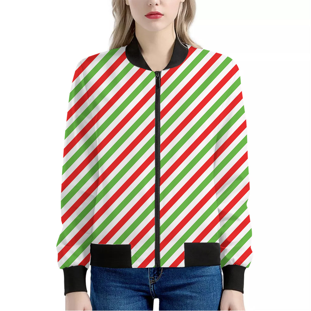 Christmas Candy Cane Striped Print Women's Bomber Jacket