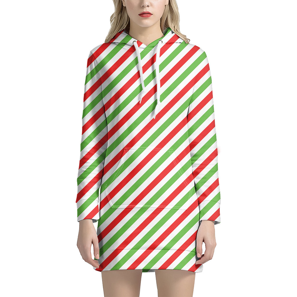 Christmas Candy Cane Striped Print Women's Pullover Hoodie Dress