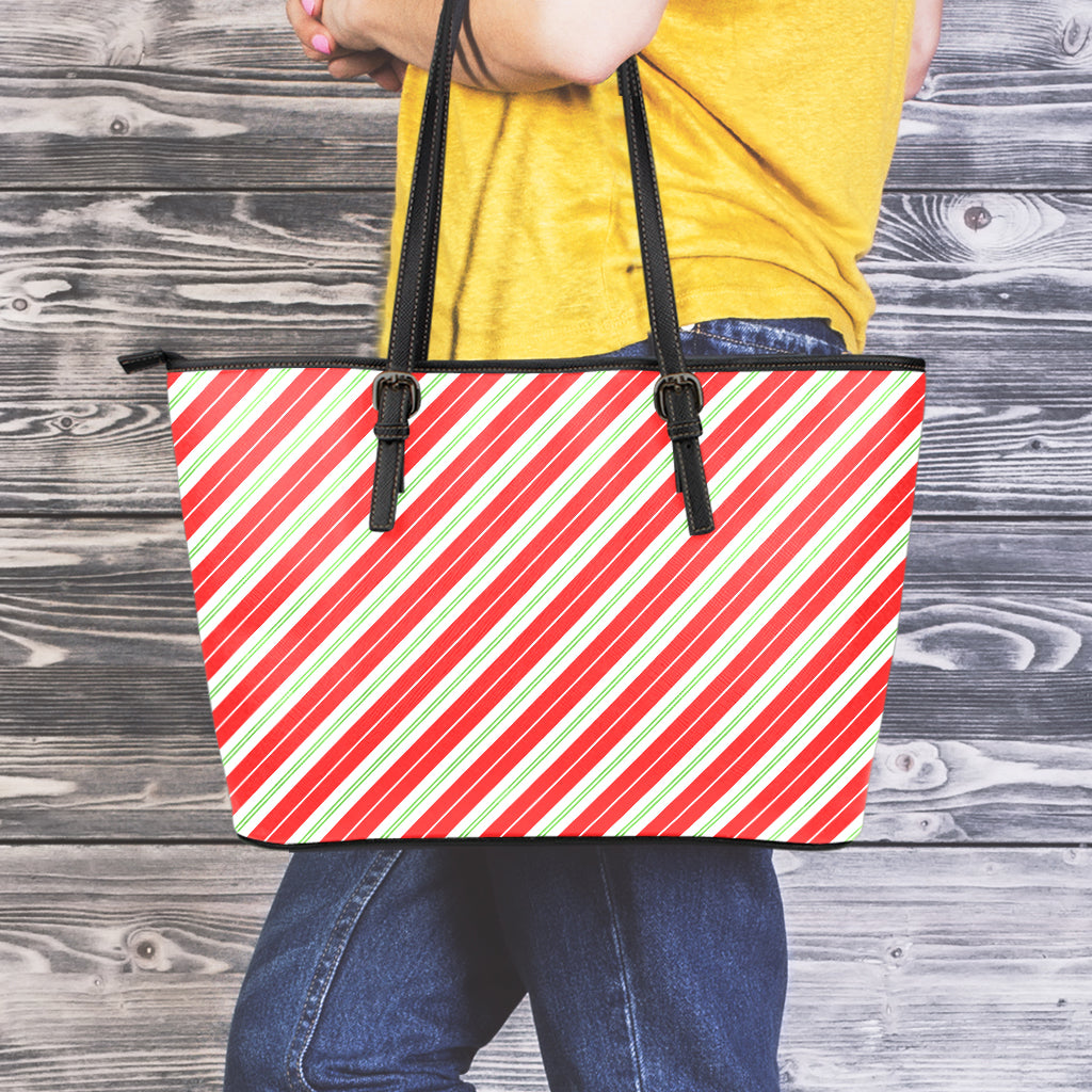 Christmas Candy Cane Stripes Print Leather Tote Bag