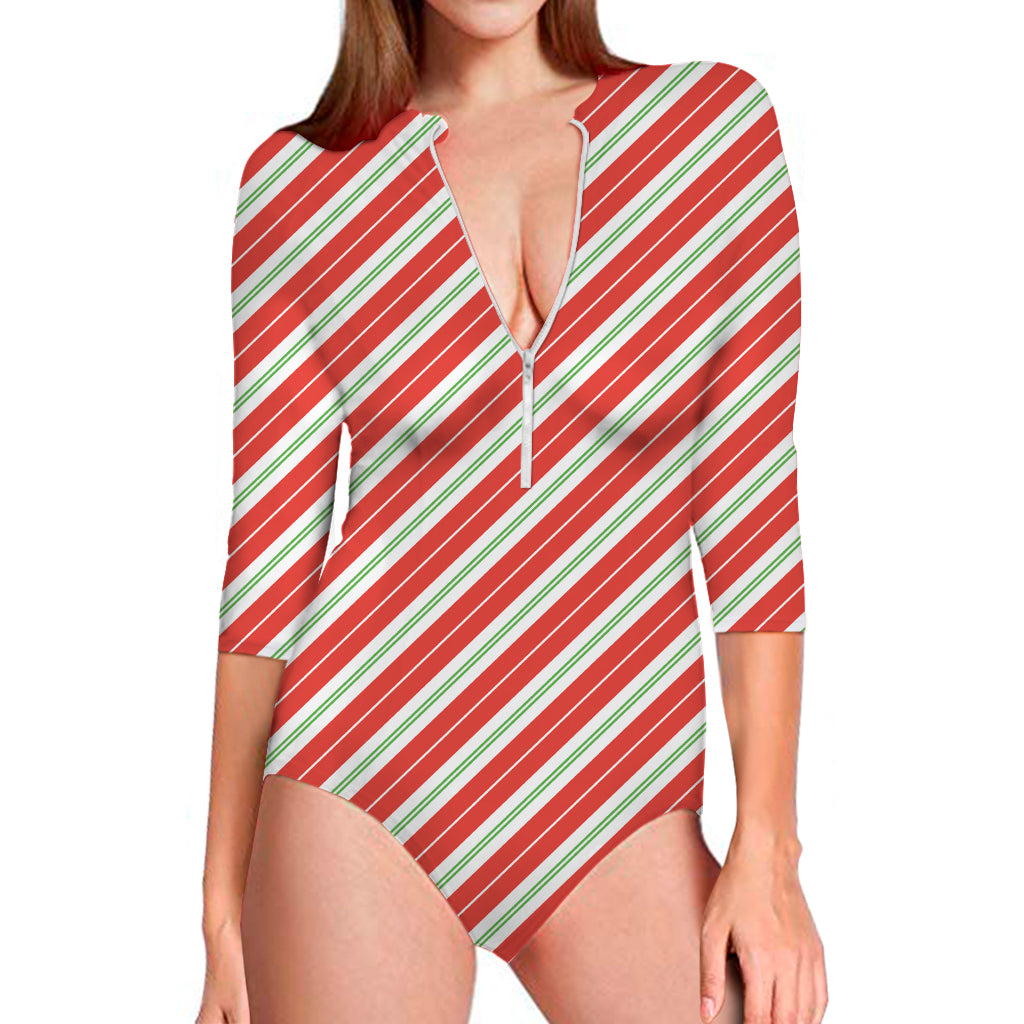 Christmas Candy Cane Stripes Print Long Sleeve One Piece Swimsuit