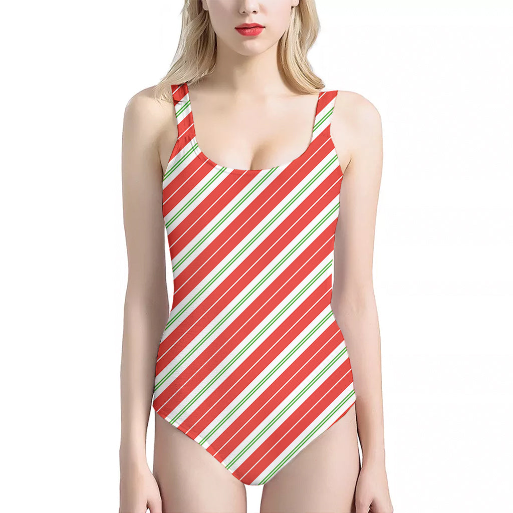 Christmas Candy Cane Stripes Print One Piece Halter Neck Swimsuit