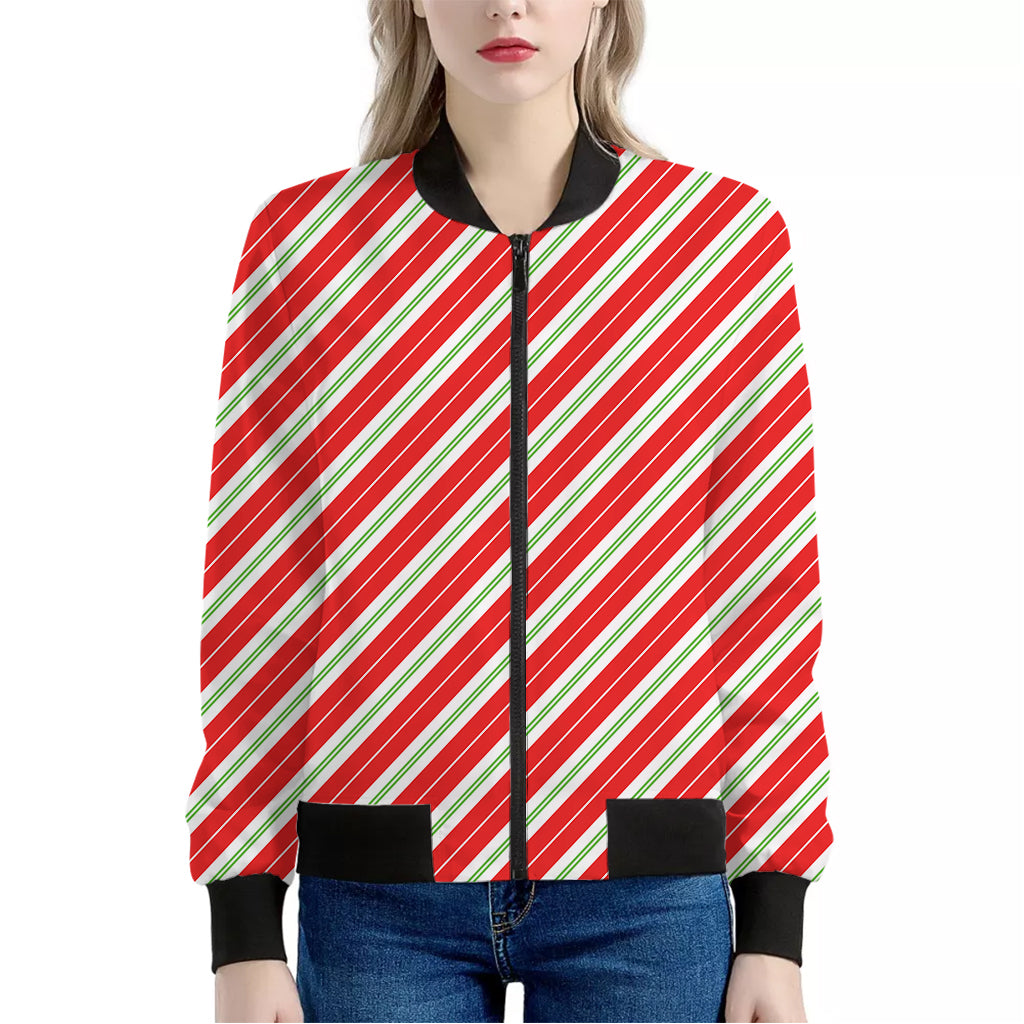 Christmas Candy Cane Stripes Print Women's Bomber Jacket