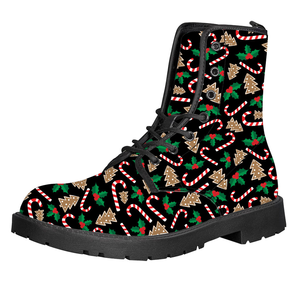 Christmas Cookie And Candy Pattern Print Leather Boots