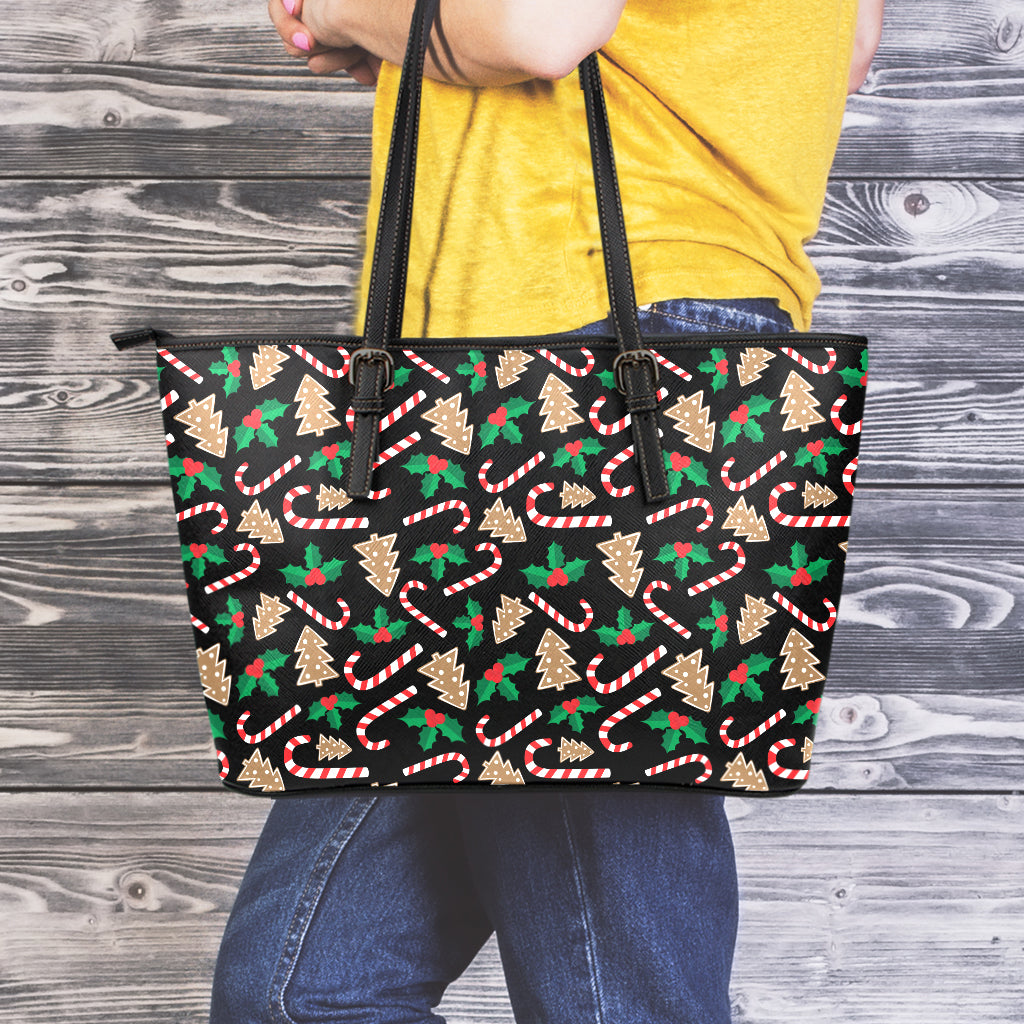 Christmas Cookie And Candy Pattern Print Leather Tote Bag