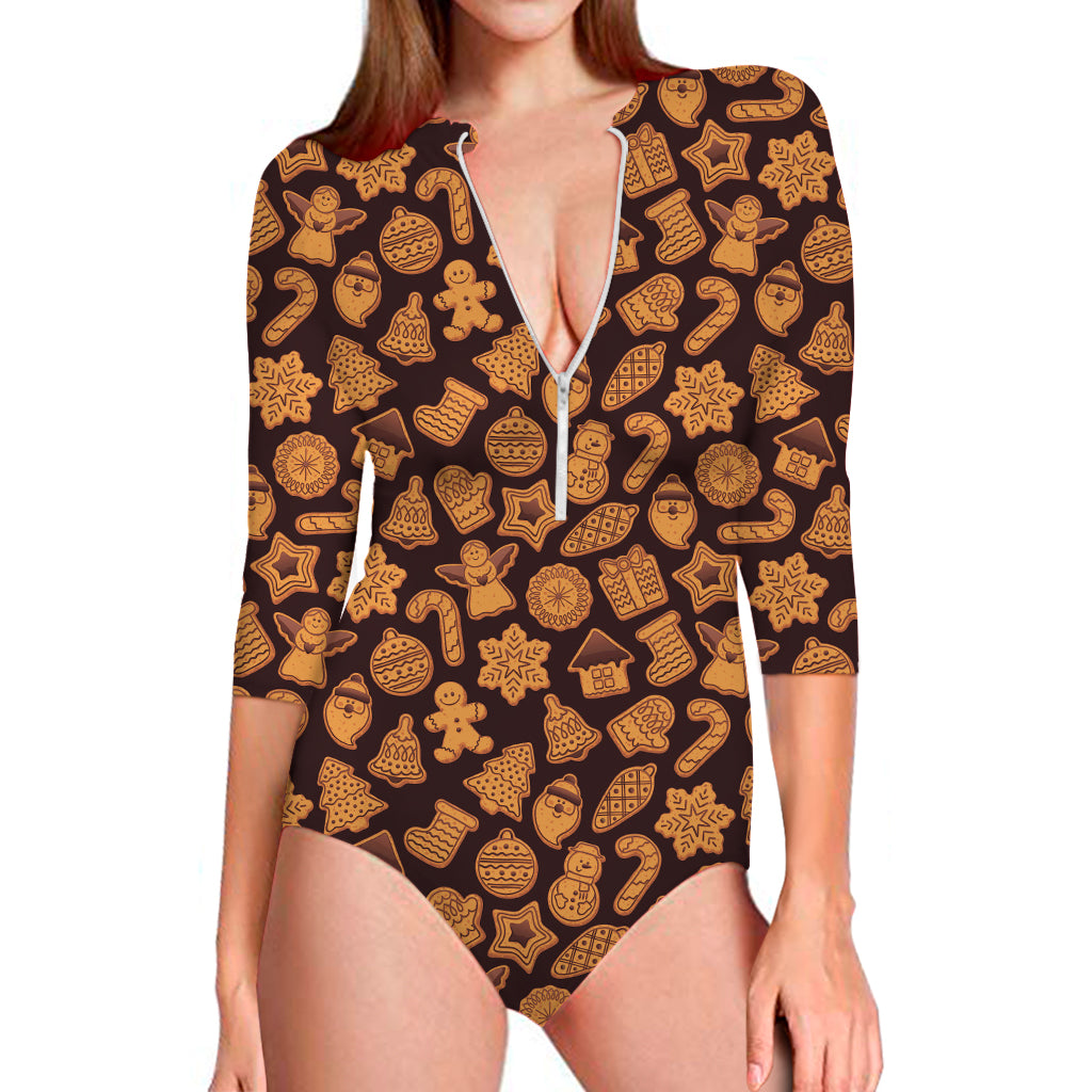 Christmas Cookies Pattern Print Long Sleeve One Piece Swimsuit