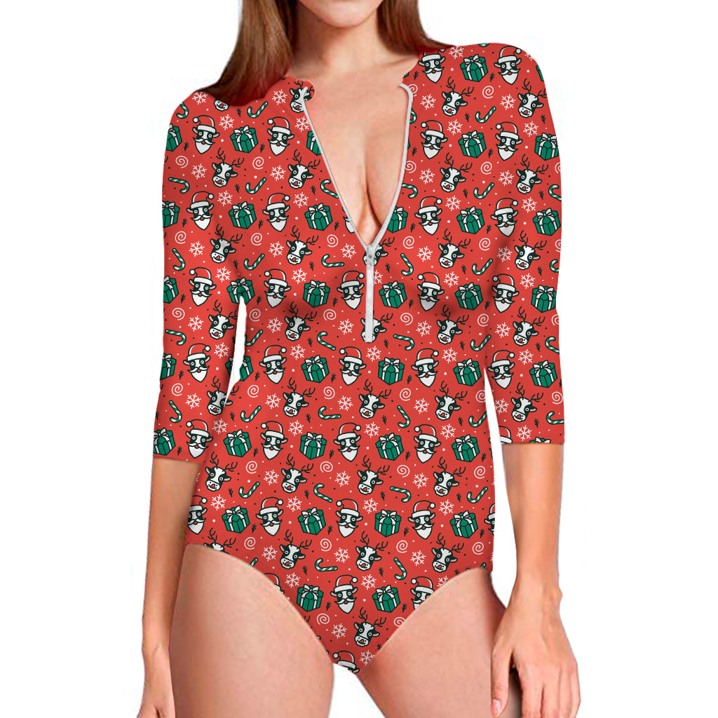 Christmas Cow Pattern Print Long Sleeve One Piece Swimsuit