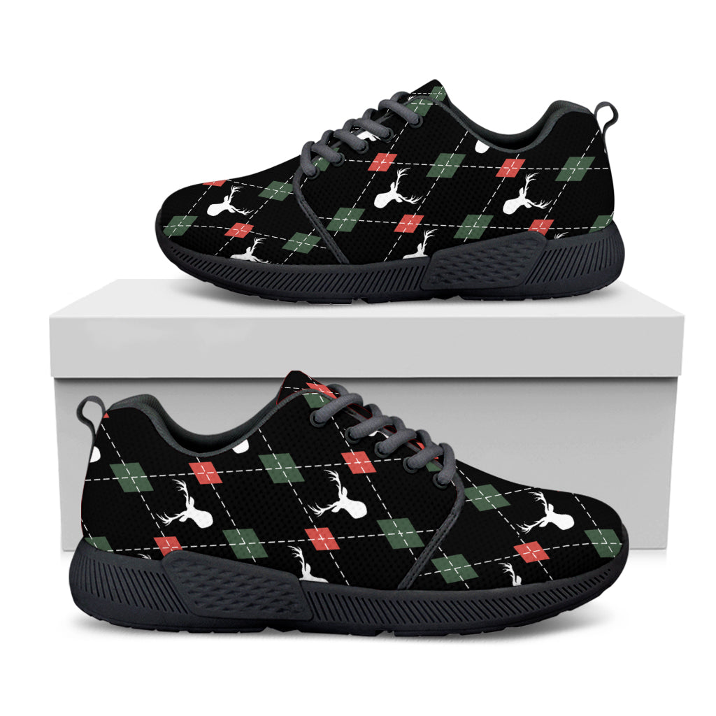 Christmas Deer Argyle Pattern Print Black Athletic Shoes