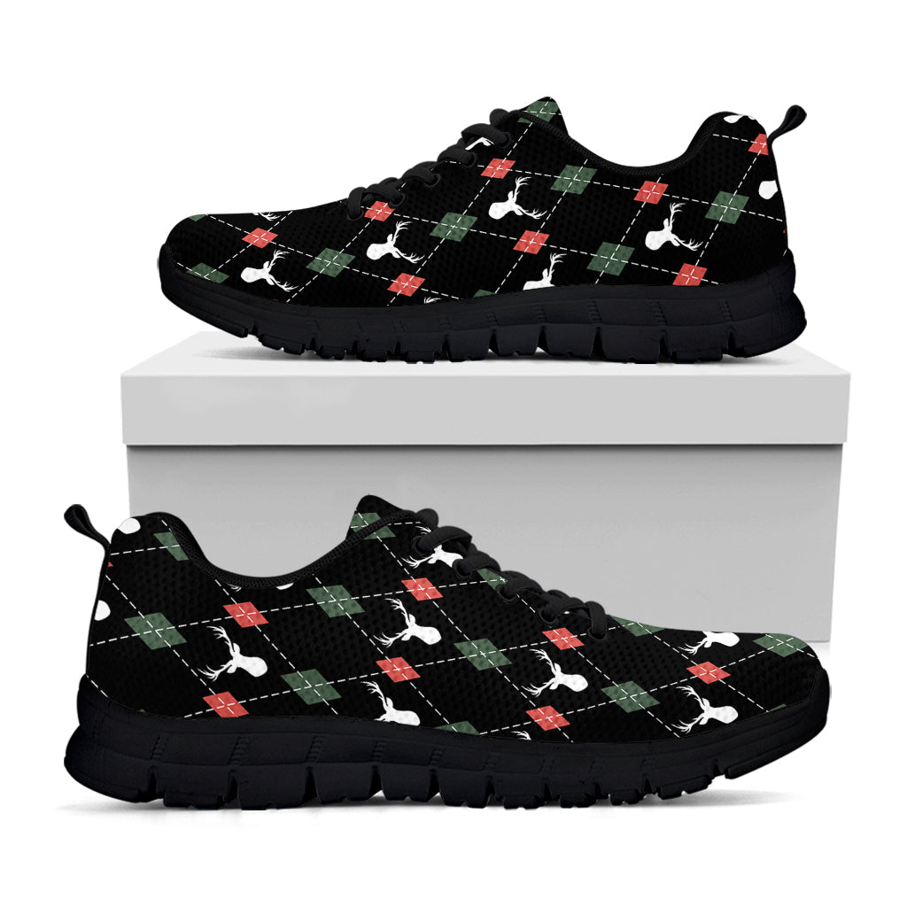 Christmas Deer Argyle Pattern Print Black Sneakers