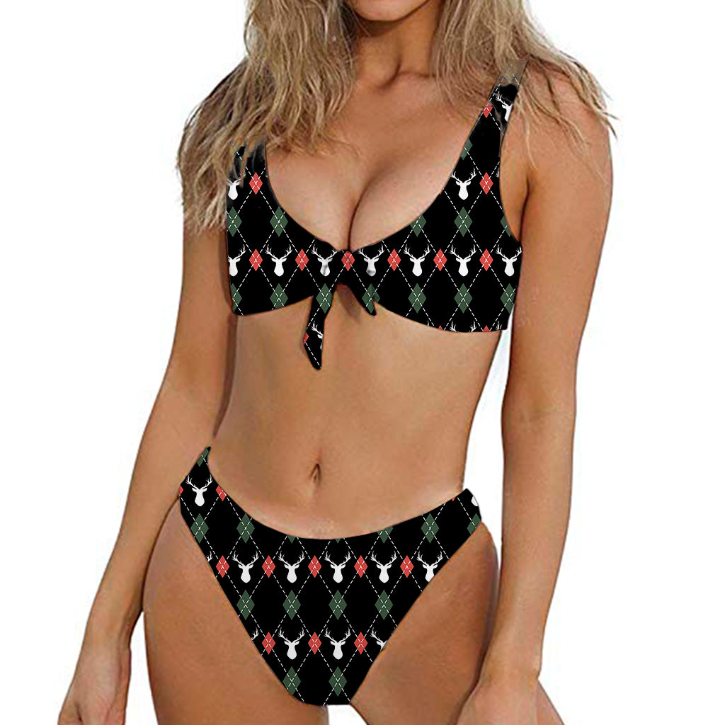 Christmas Deer Argyle Pattern Print Front Bow Tie Bikini