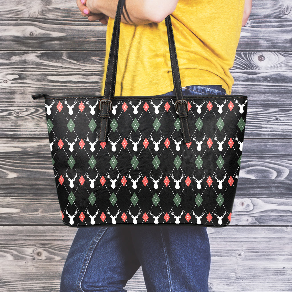 Christmas Deer Argyle Pattern Print Leather Tote Bag