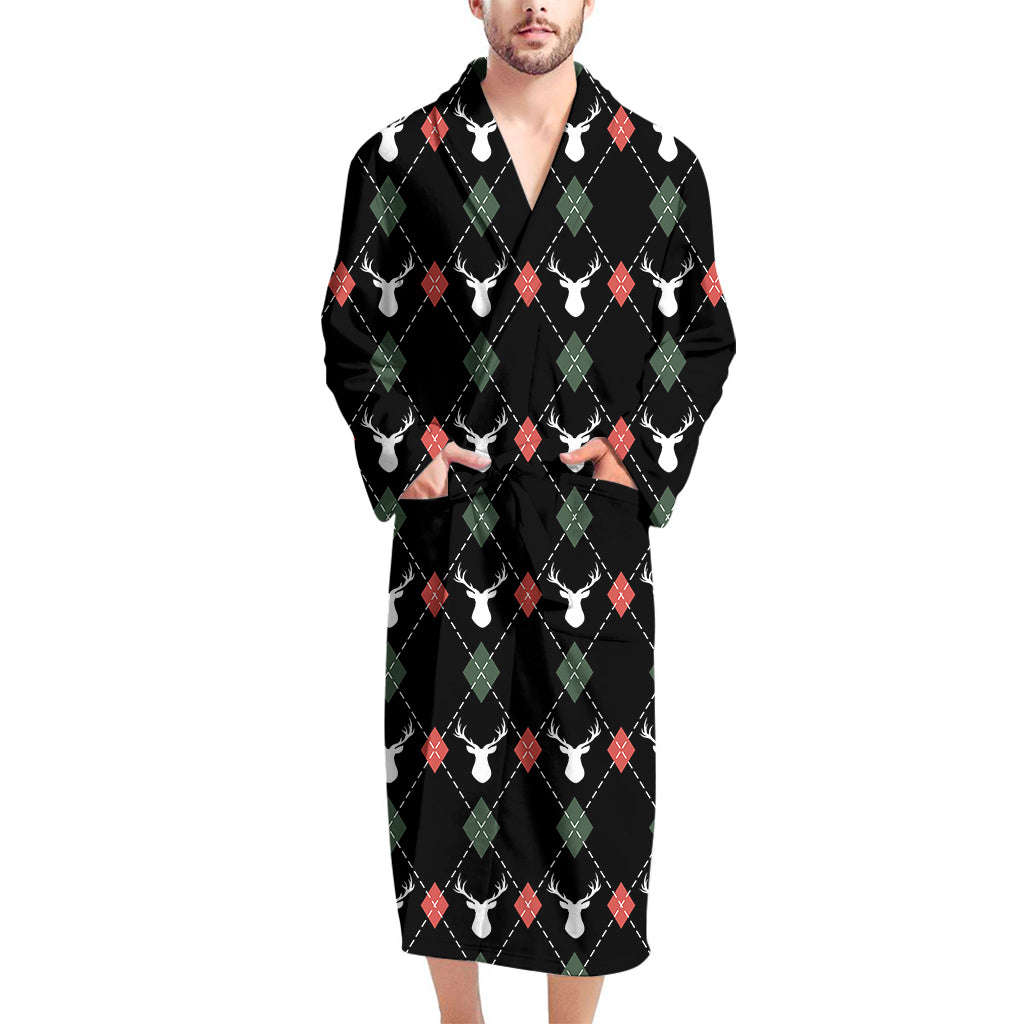 Christmas Deer Argyle Pattern Print Men's Bathrobe