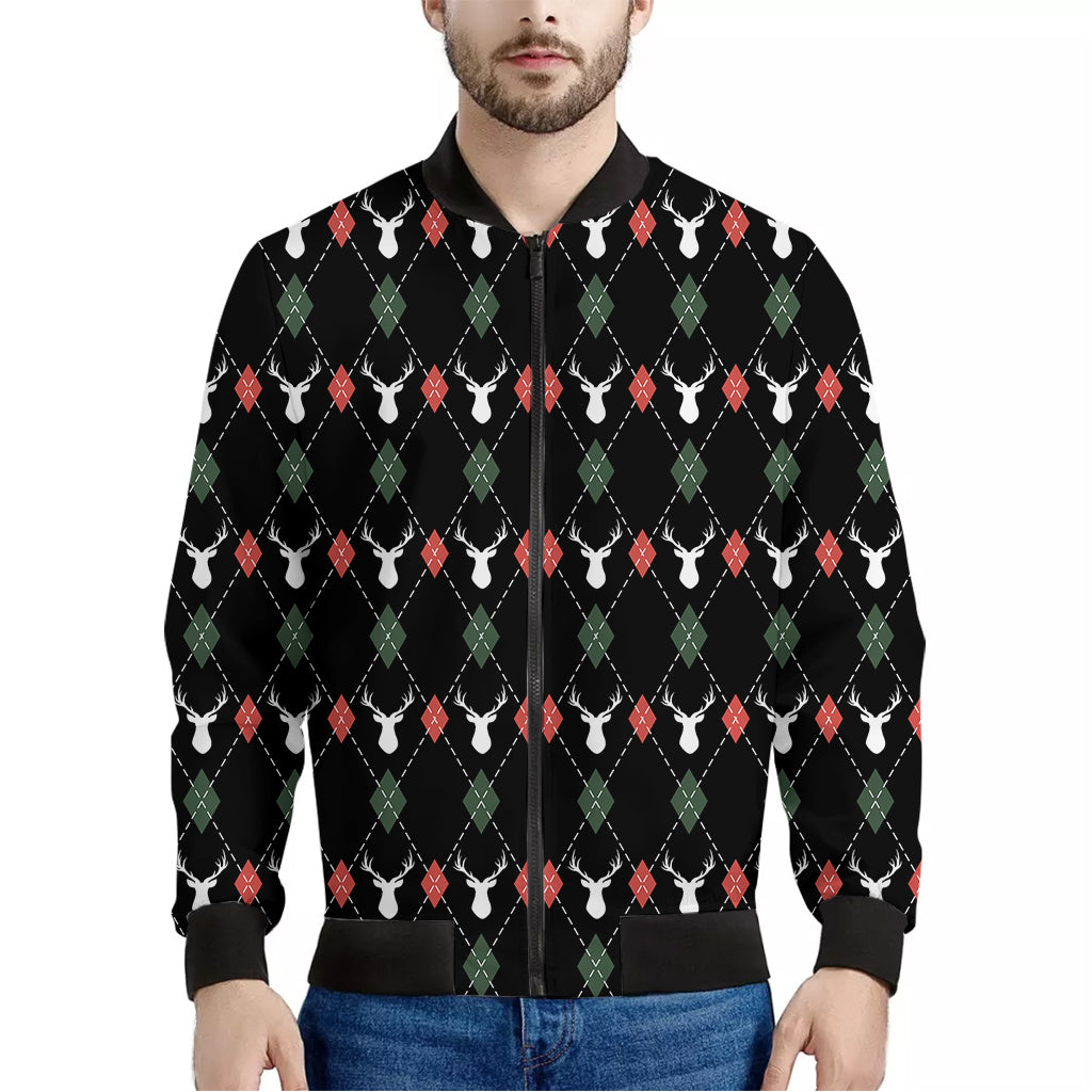 Christmas Deer Argyle Pattern Print Men's Bomber Jacket