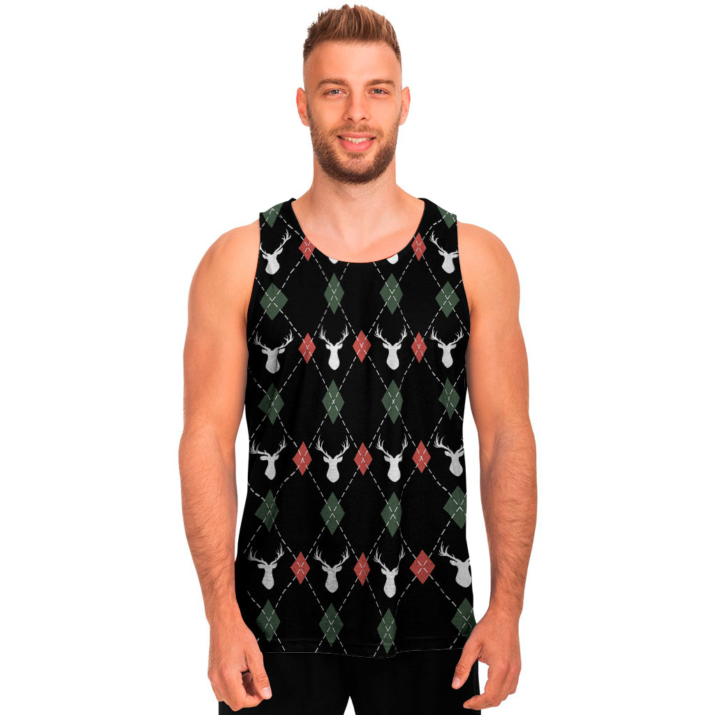 Christmas Deer Argyle Pattern Print Men's Tank Top