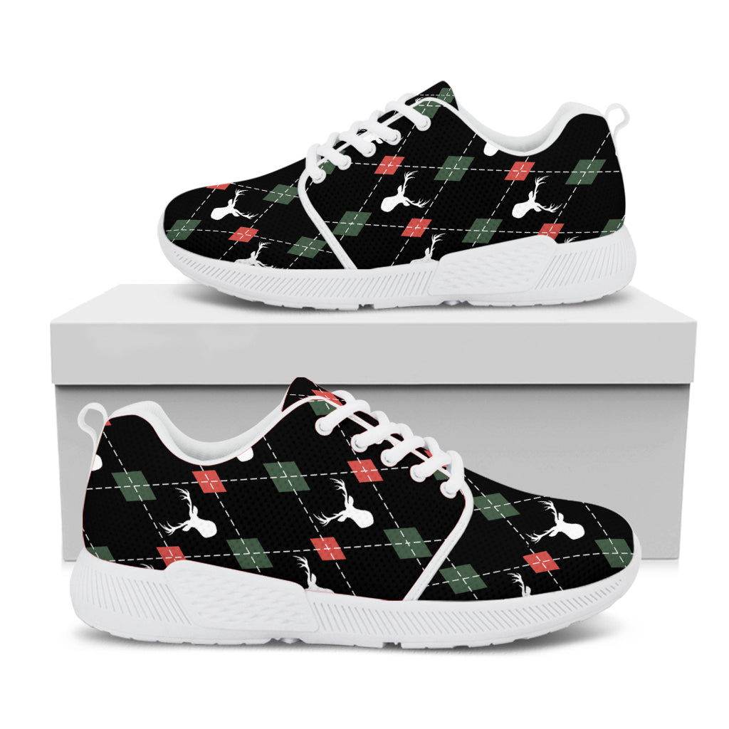 Christmas Deer Argyle Pattern Print White Athletic Shoes