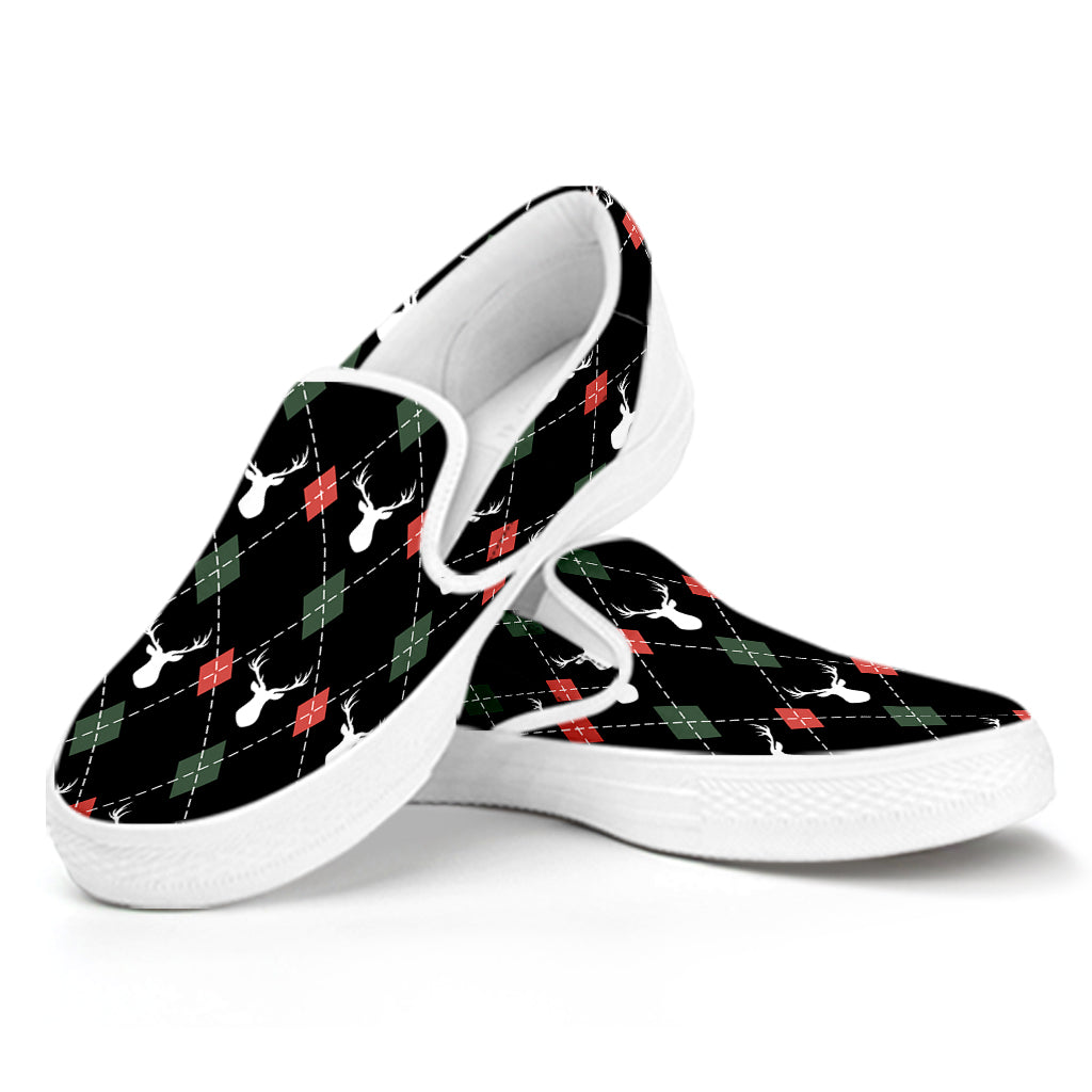 Christmas Deer Argyle Pattern Print White Slip On Shoes