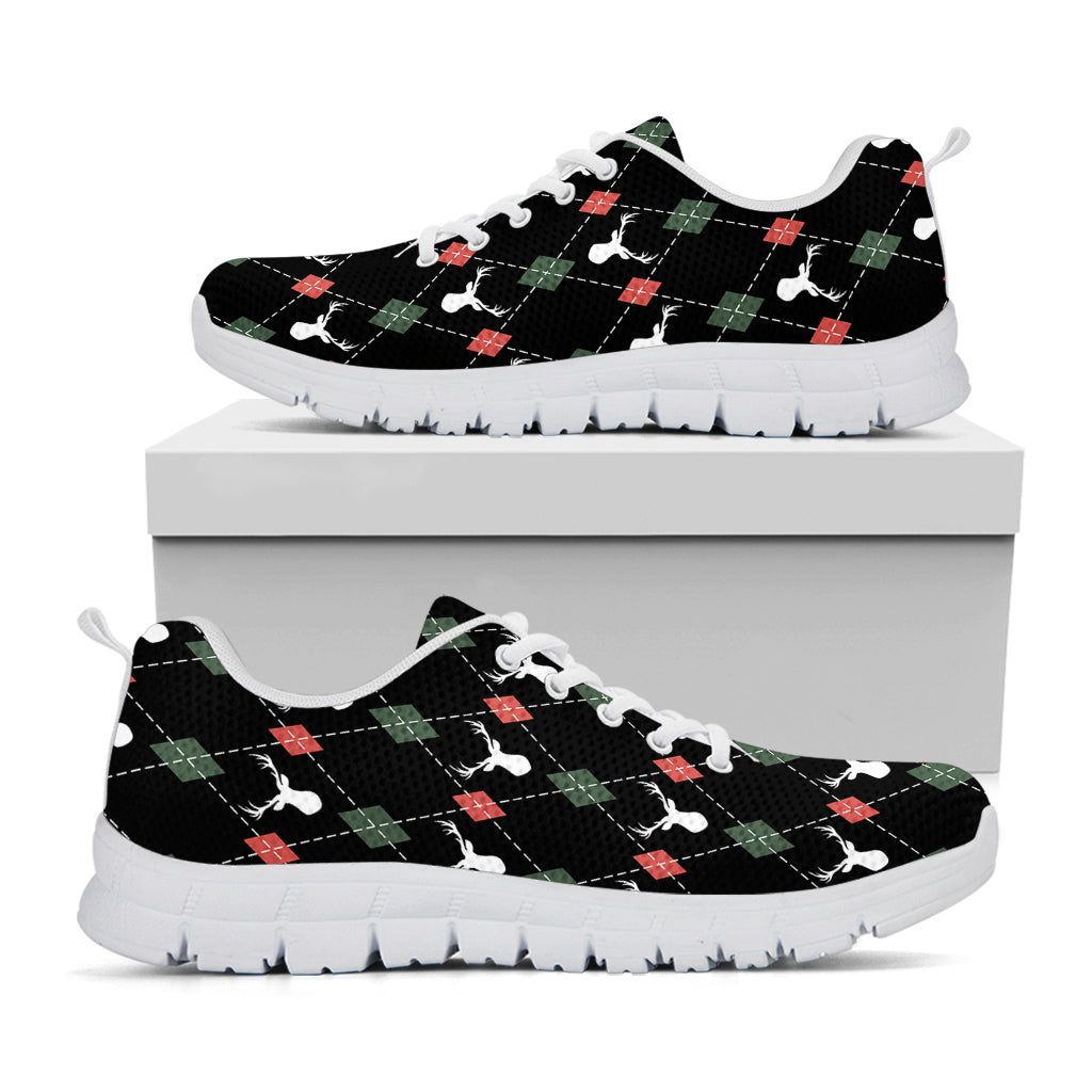 Christmas Deer Argyle Pattern Print White Sneakers