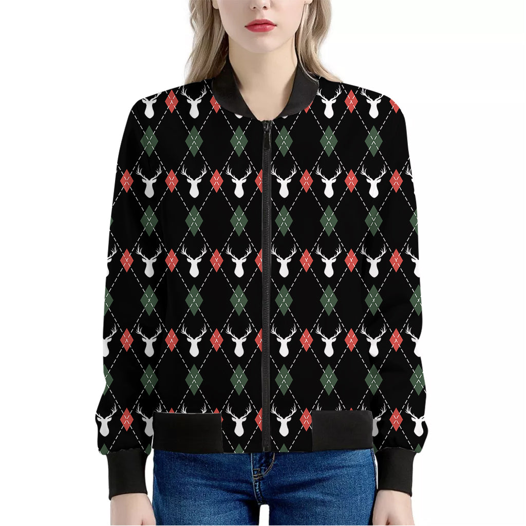 Christmas Deer Argyle Pattern Print Women's Bomber Jacket