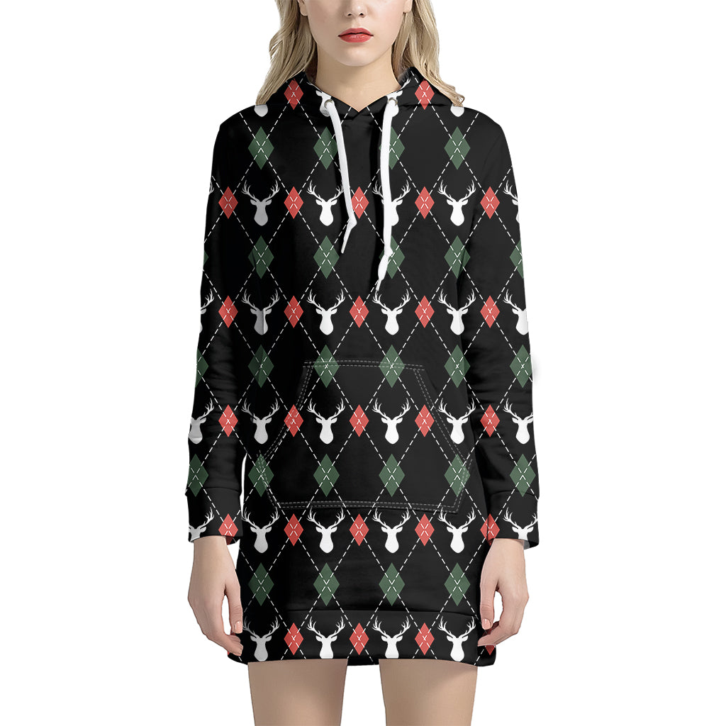 Christmas Deer Argyle Pattern Print Women's Pullover Hoodie Dress