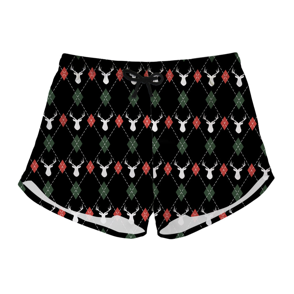 Christmas Deer Argyle Pattern Print Women's Shorts