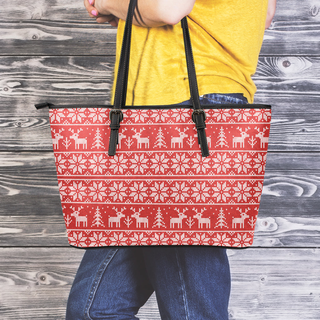 Christmas Deer Knitted Pattern Print Leather Tote Bag