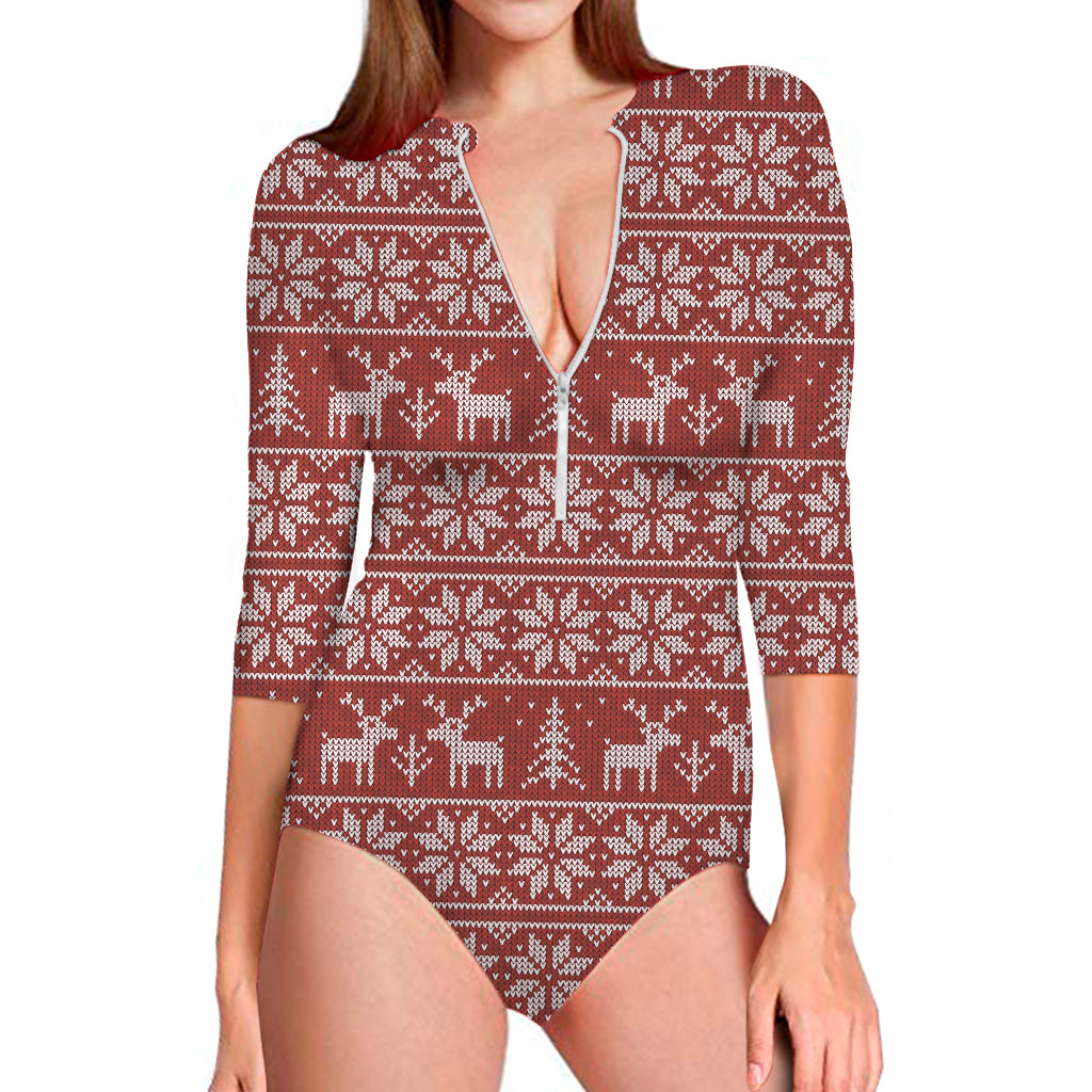 Christmas Deer Knitted Pattern Print Long Sleeve One Piece Swimsuit