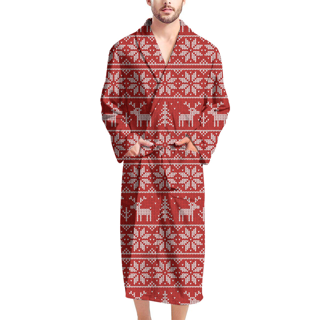 Christmas Deer Knitted Pattern Print Men's Bathrobe