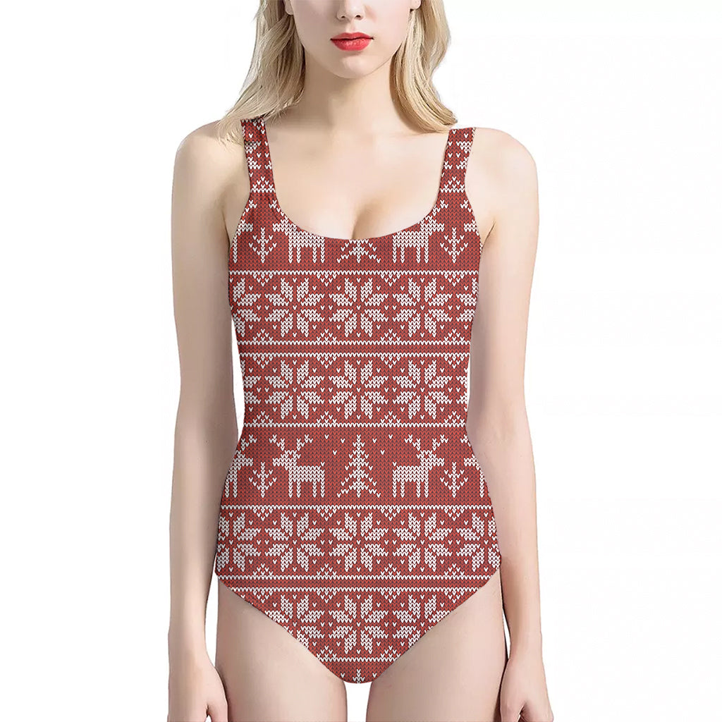 Christmas Deer Knitted Pattern Print One Piece Halter Neck Swimsuit