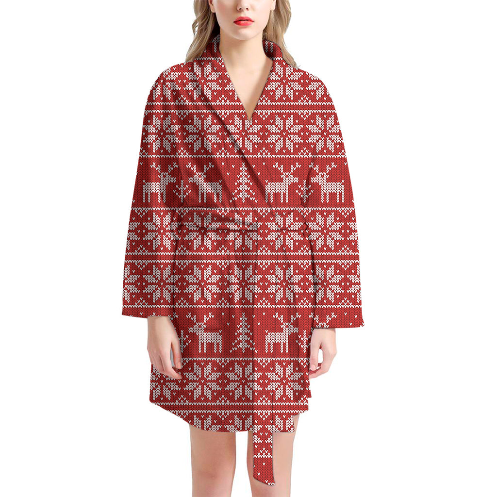 Christmas Deer Knitted Pattern Print Women's Bathrobe