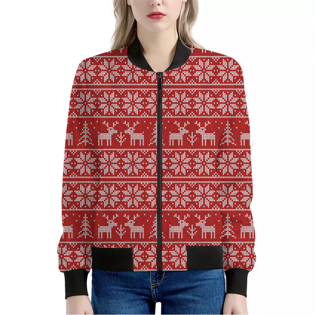 Christmas Deer Knitted Pattern Print Women's Bomber Jacket