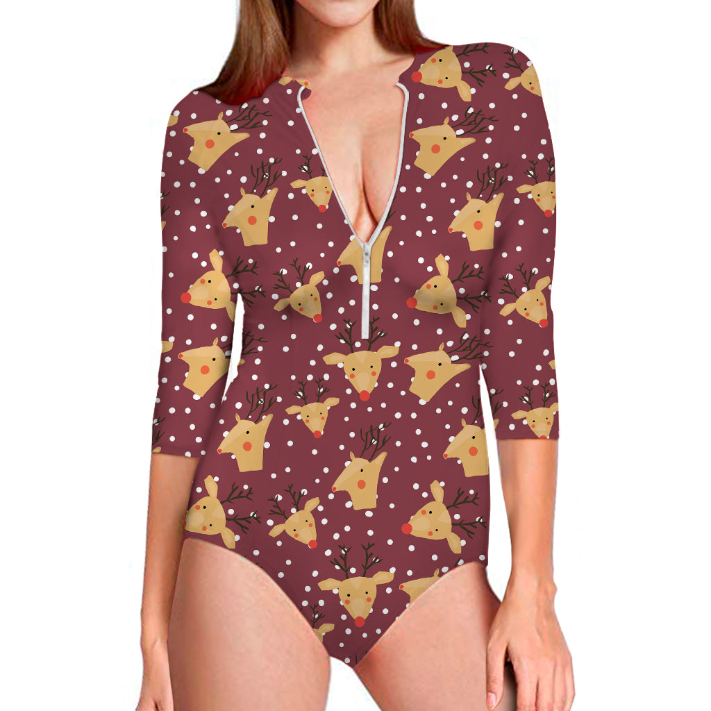 Christmas Deer Pattern Print Long Sleeve One Piece Swimsuit