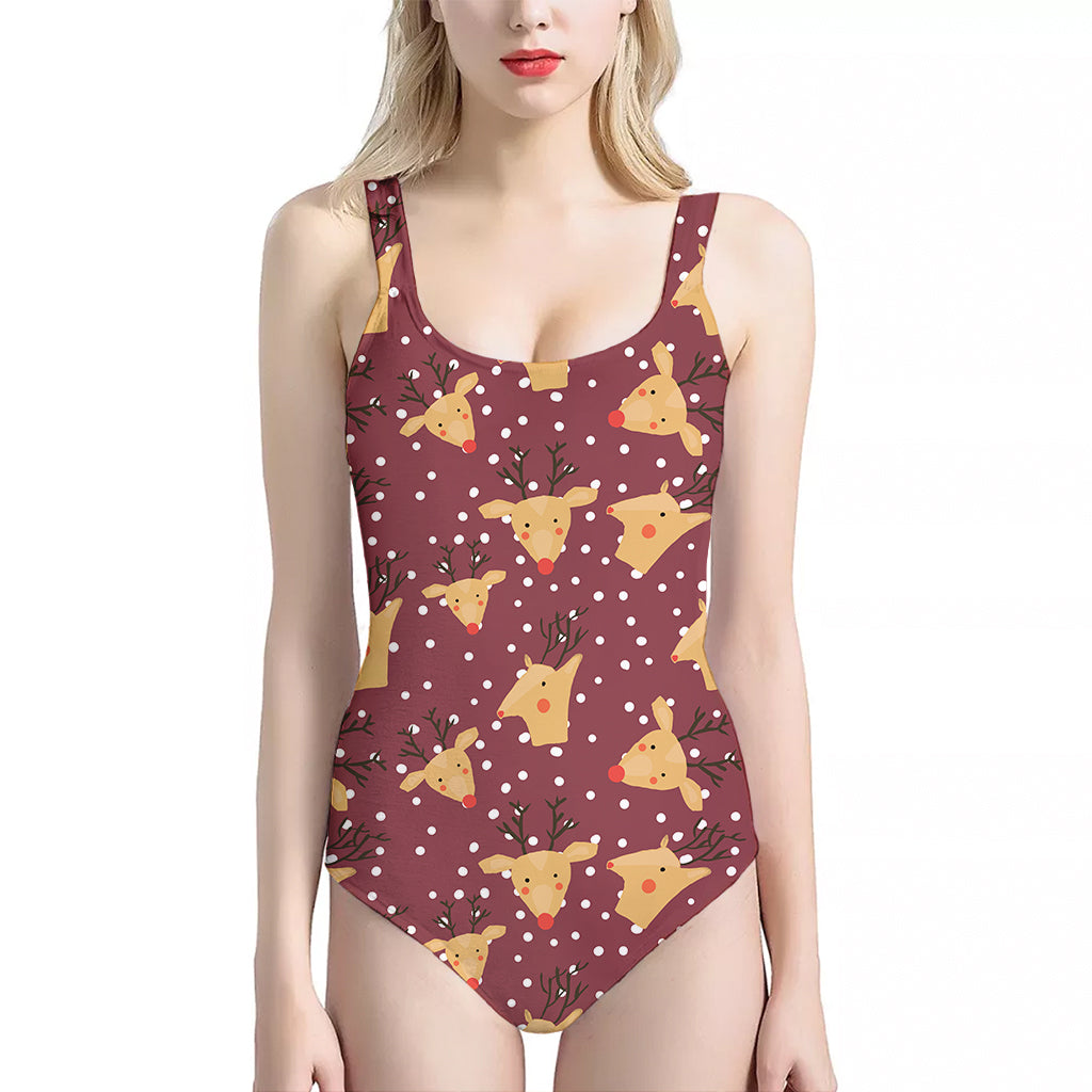 Christmas Deer Pattern Print One Piece Halter Neck Swimsuit