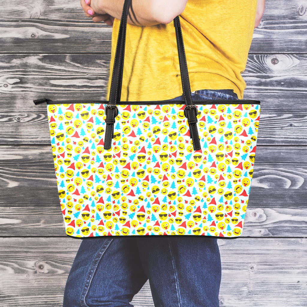 Christmas Emoji Pattern Print Leather Tote Bag