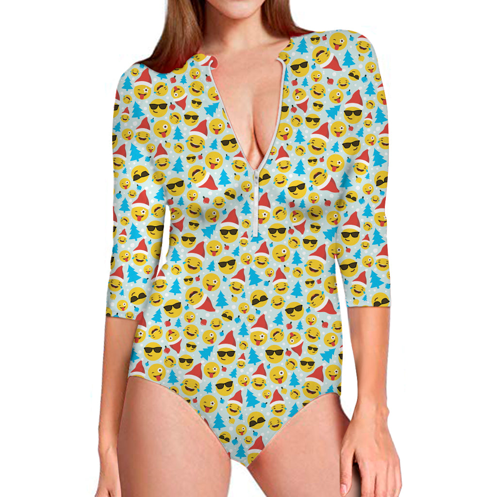 Christmas Emoji Pattern Print Long Sleeve One Piece Swimsuit